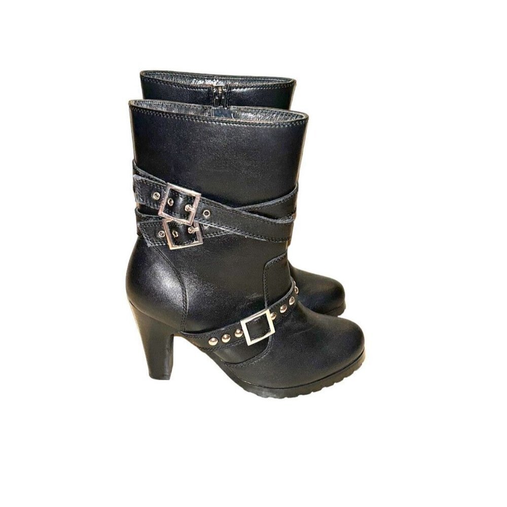 Ride Tec Women’s Black Leather 3 Buckle Side Zip Biker Riding Boots Size 6.5